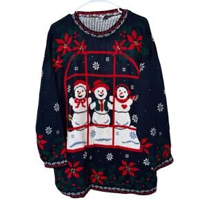 Vintage 80’s Nutcracker Ugly Christmas Sweater Navy Red Snowmen Granny Core XL